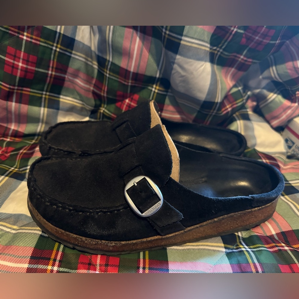 Black Birkenstock Buckley suede slip on shoes